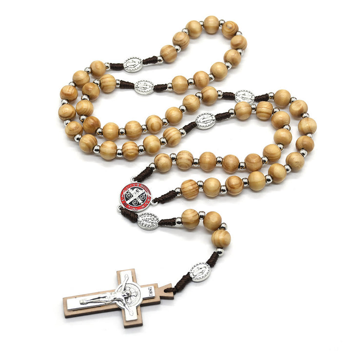 Catholic Crucifix Jesus St. Benedict Weave Pine Wood Beads Rosary - Brown - image 0