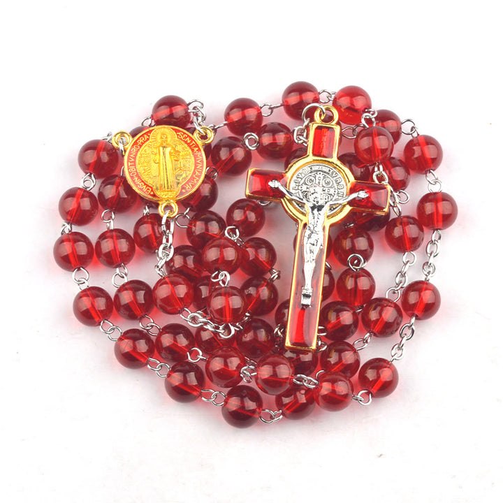 Catholic St. Benedict Centerpiece Red Glass Beads Cross Rosary - Red - image 1
