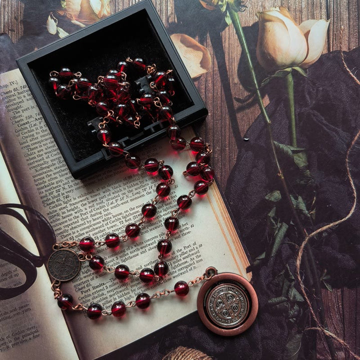Red Glass Garnet St. Benedict Protection Rosary - image 2