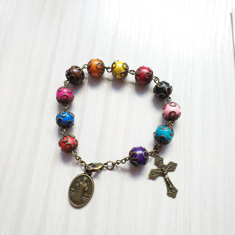 Christianartworkshop Antique Colors Wood Bracelet with St. Benedict & Crucifix - Colorful-beads - image 0