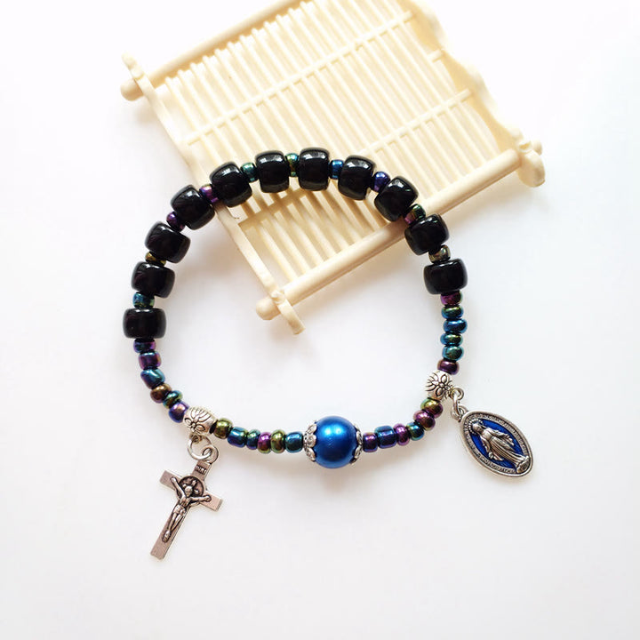 Christianartworkshop Blue Pearl Embellished Miraculous Mary & Crucifix Agate Bracelet - image 1