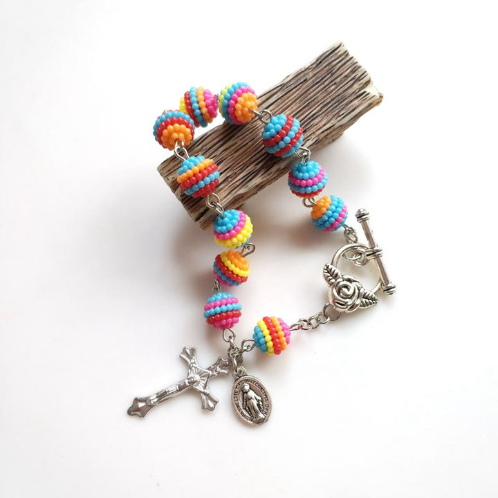 Christianartworkshop Jesus & Mary Rainbow Beaded Religion Wrist Bracelet - image 1