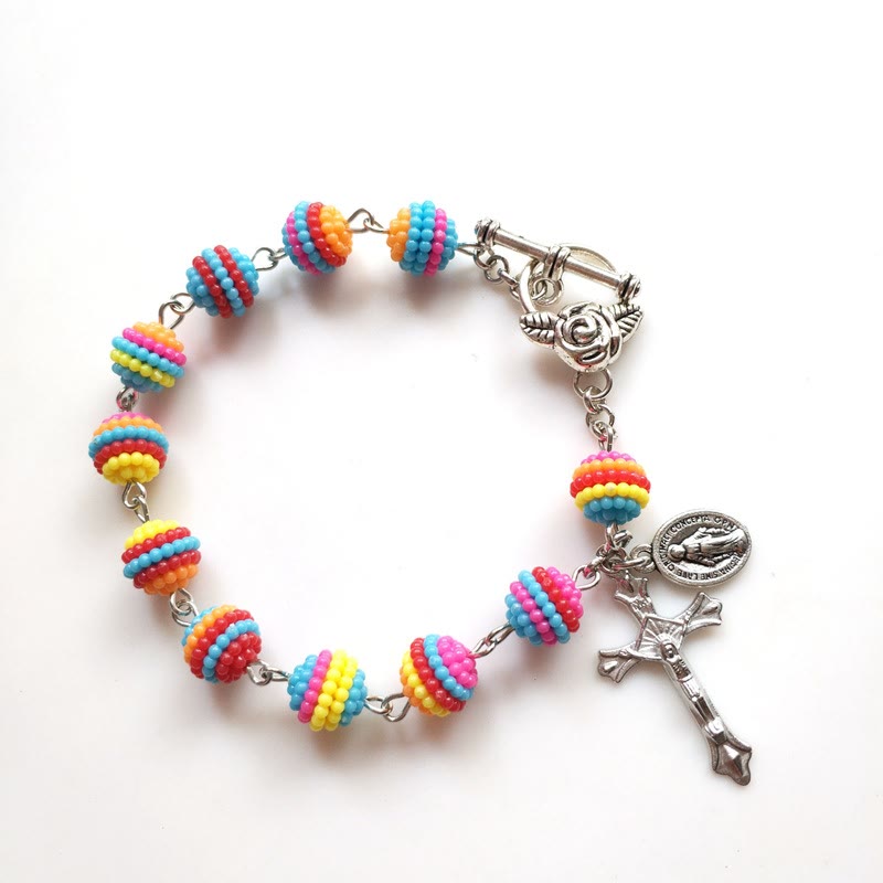 Christianartworkshop Jesus & Mary Rainbow Beaded Religion Wrist Bracelet - Rainbow Beads（Circumference 20cm） - image 1