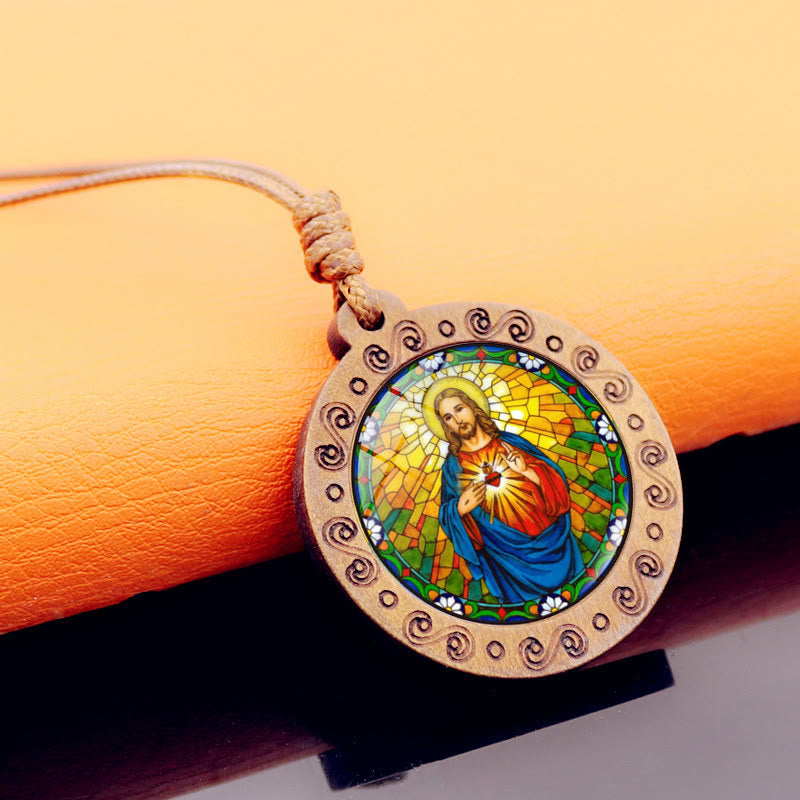 Christianartworkshop Jesus Sacred Heart Time Gemstone Wood Pendant Necklace - Jesus Sacred Heart - image 0