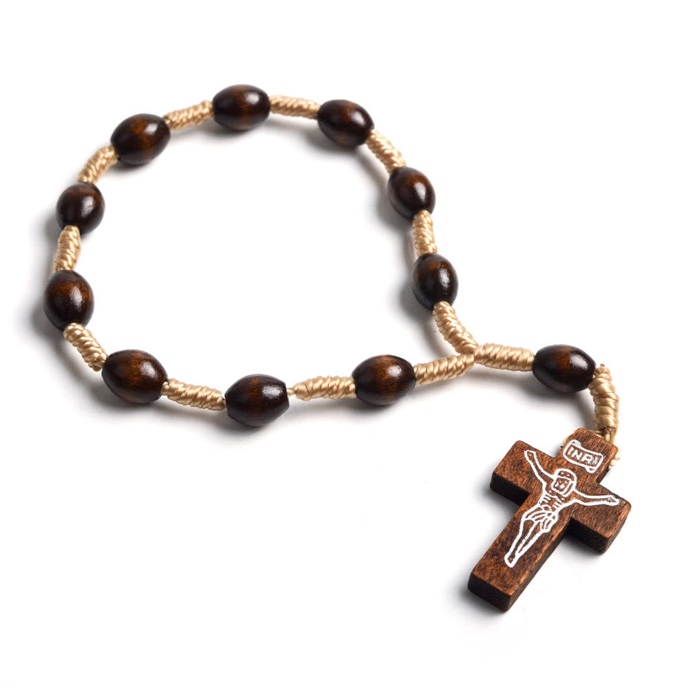 Mini Cross Finger Baptism Solid Wood Rosary - Coffee - image 1