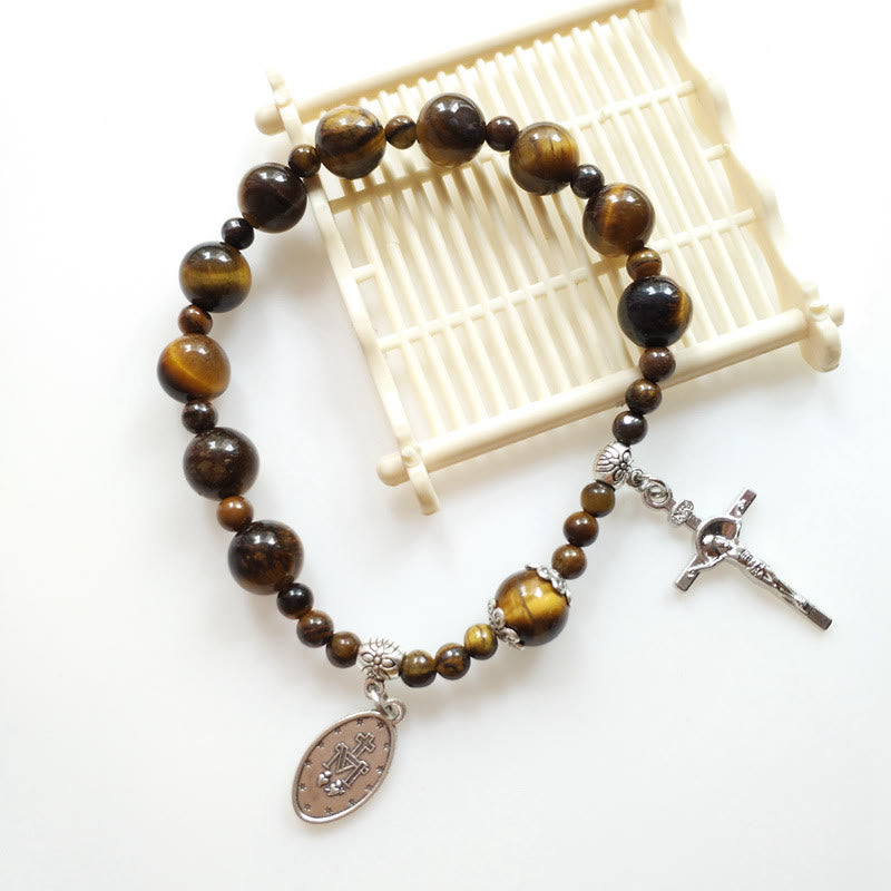 Christianartworkshop Jesus Cross & Miraculous Medal Tiger Eye Beaded Rosary Bracelet - image 1
