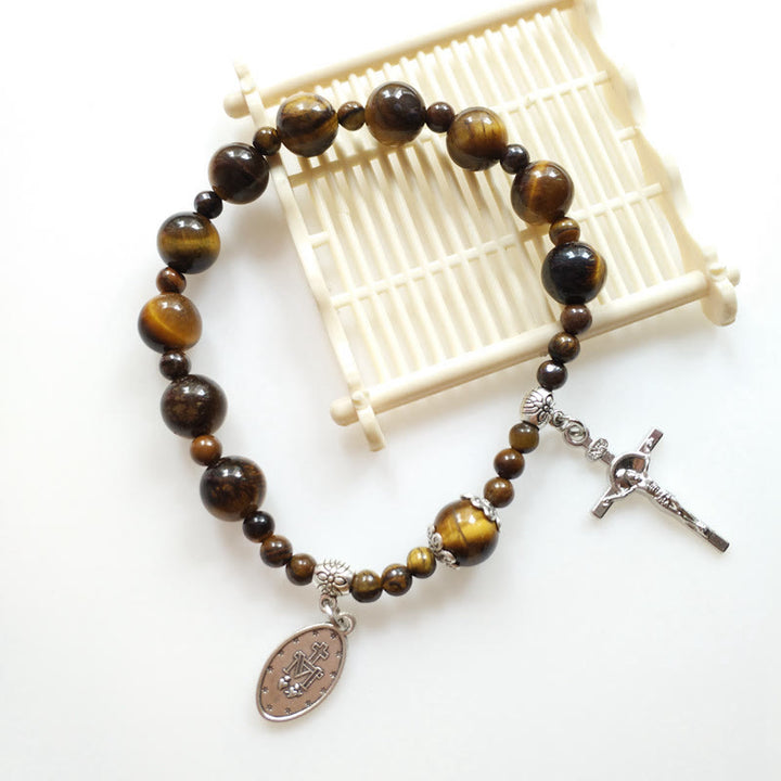 Christianartworkshop Jesus Cross & Miraculous Medal Tiger Eye Beaded Rosary Bracelet - image 1