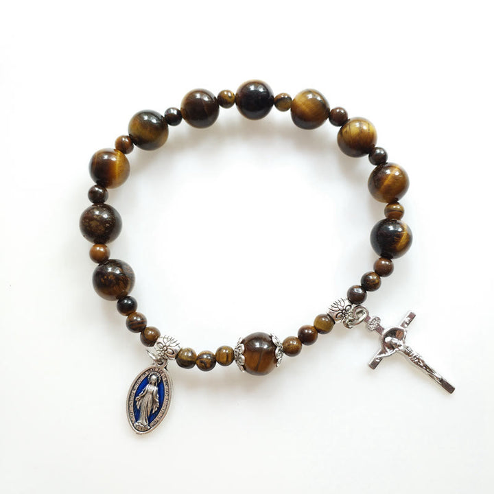 Christianartworkshop Jesus Cross & Miraculous Medal Tiger Eye Beaded Rosary Bracelet - image 3