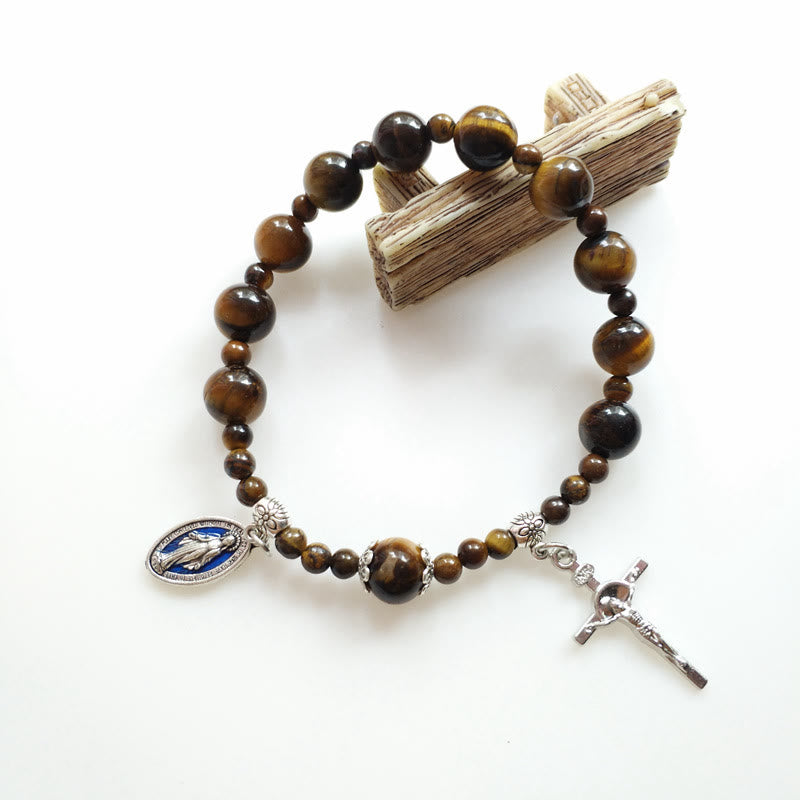 Christianartworkshop Jesus Cross & Miraculous Medal Tiger Eye Beaded Rosary Bracelet - Brown - image 0