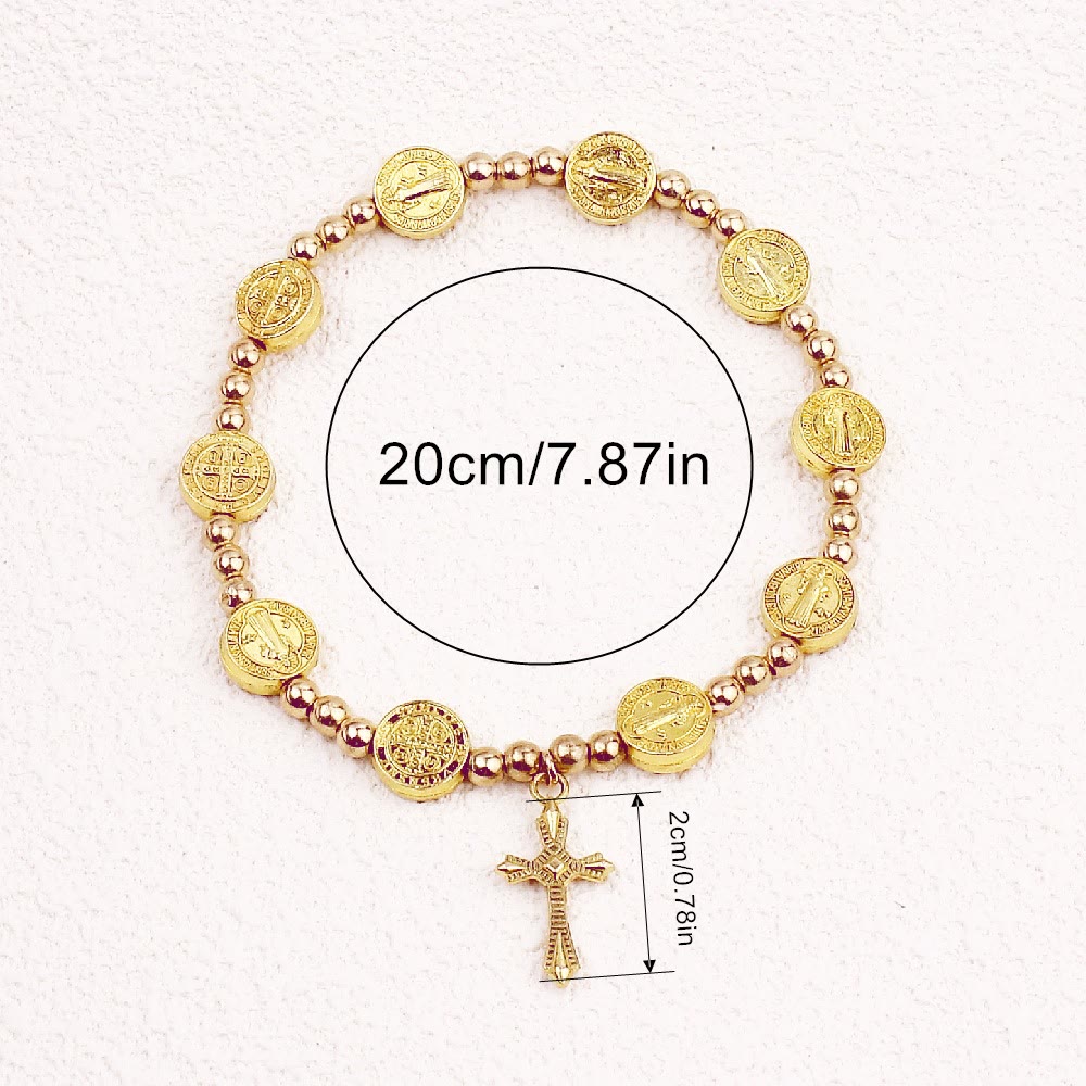 Christian Gold-tone St. Benedict Cross Stretch Bracelet - image 3