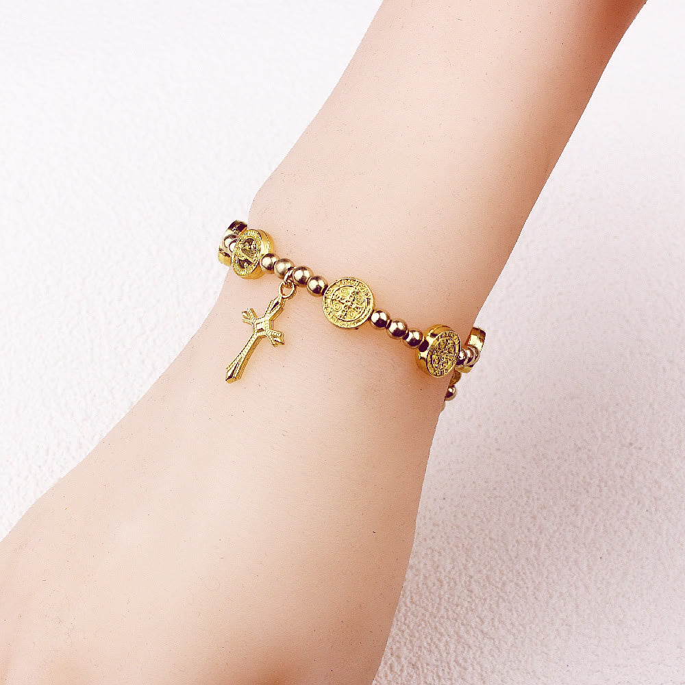 Christian Gold-tone St. Benedict Cross Stretch Bracelet - image 2