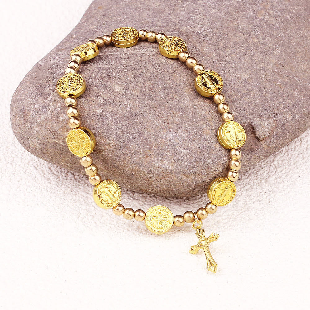 Christian Gold-tone St. Benedict Cross Stretch Bracelet - Golden - image 1