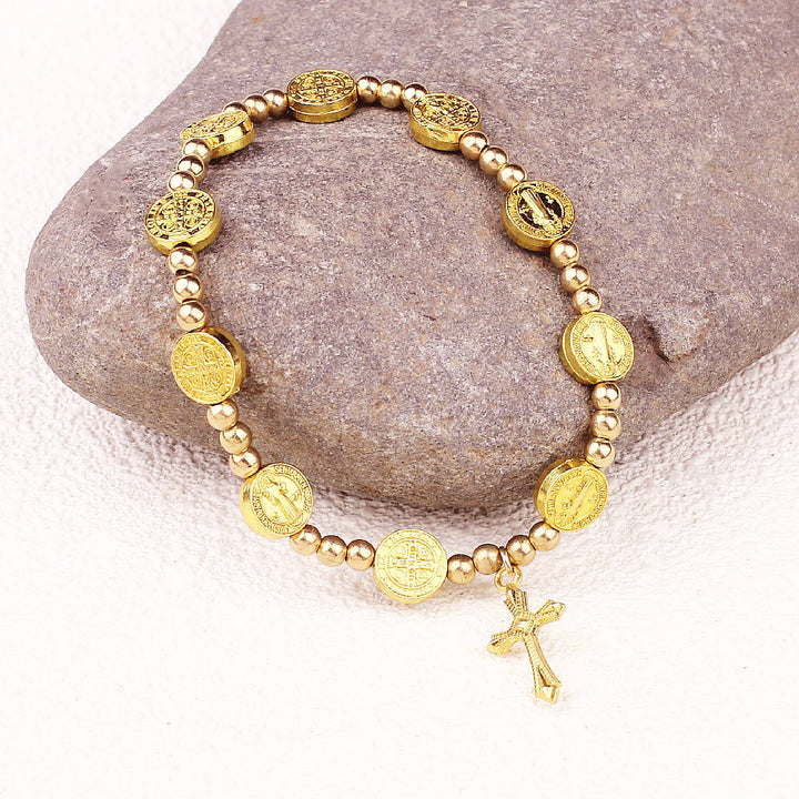 Christian Gold-tone St. Benedict Cross Stretch Bracelet - Golden - image 1