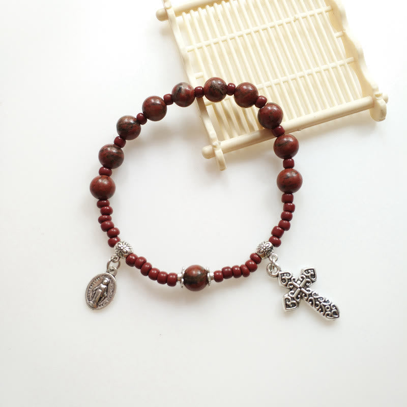 Christianartworkshop Miraculous Medal & Cross Natural Stone Rosary Bracelet - image 1