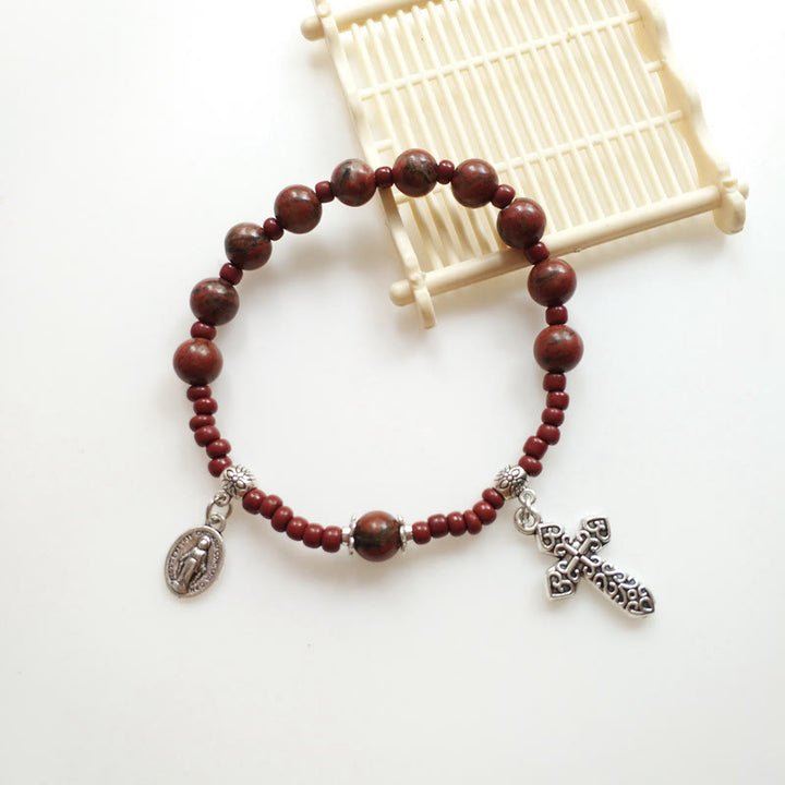 Christianartworkshop Miraculous Medal & Cross Natural Stone Rosary Bracelet - image 1