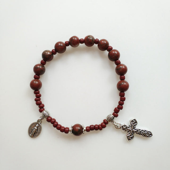 Miraculous Medal & Cross Natural Stone Rosary Bracelet - image 3