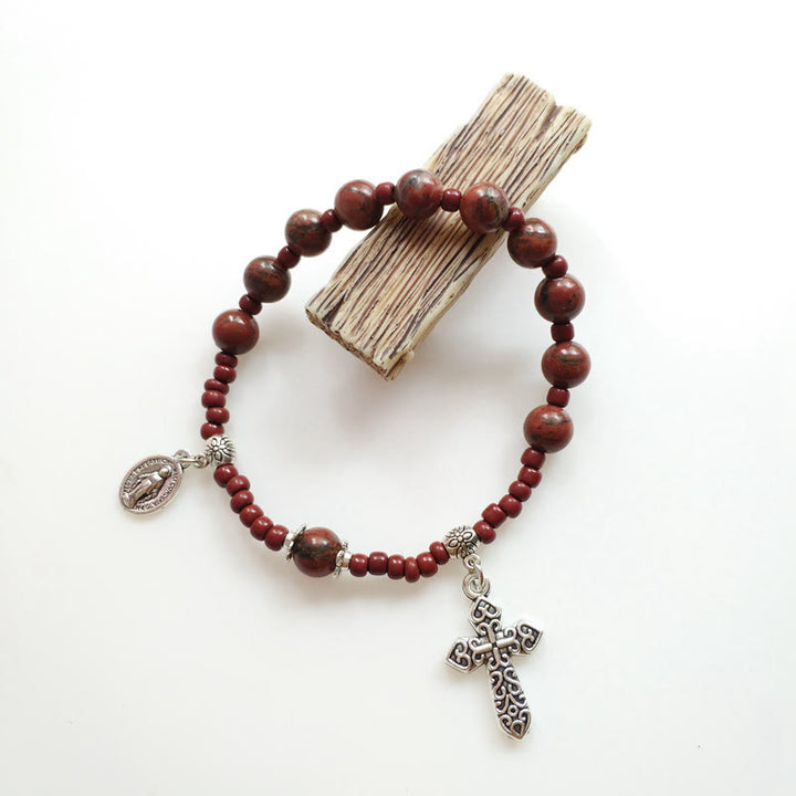 Miraculous Medal & Cross Natural Stone Rosary Bracelet - Wine - image 1