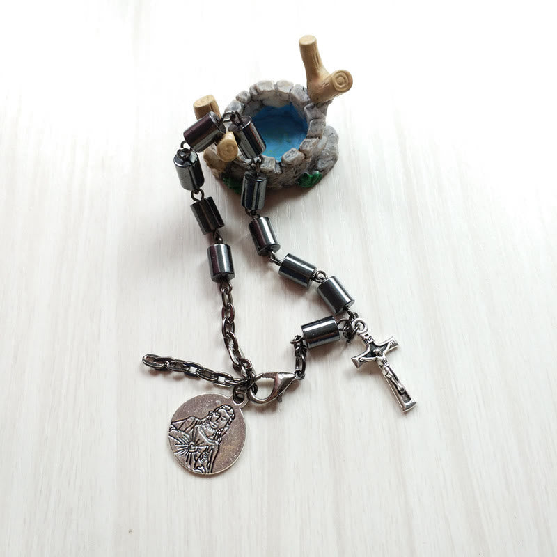 Jesus Sacred Heart & Crucifix Hematite Simplicity Bracelet - image 3