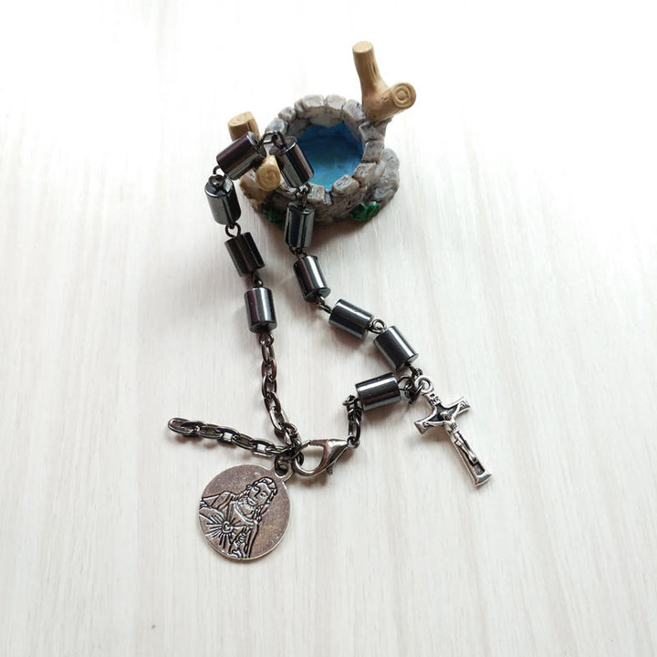 Jesus Sacred Heart & Crucifix Hematite Simplicity Bracelet - image 3