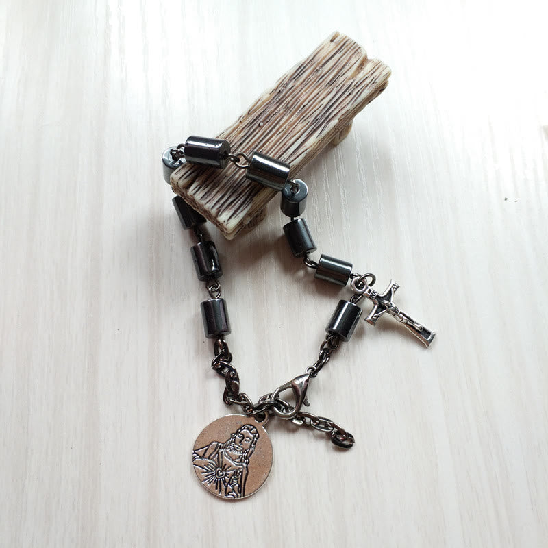 Jesus Sacred Heart & Crucifix Hematite Simplicity Bracelet - image 2