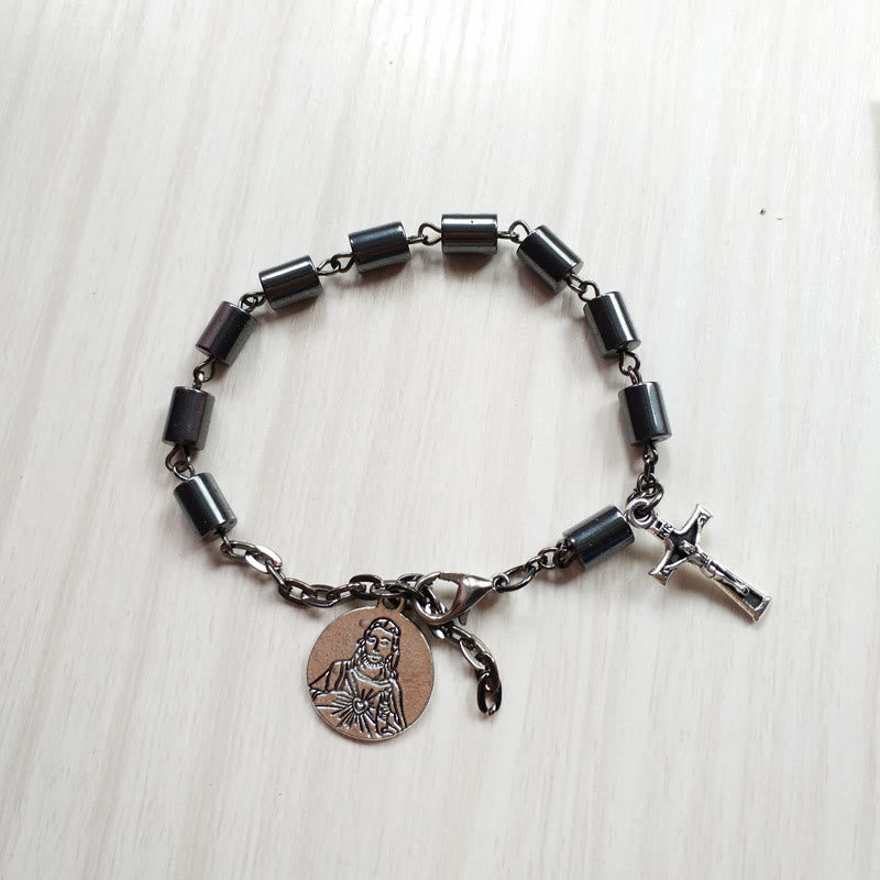 Christianartworkshop Jesus Sacred Heart & Crucifix Hematite Simplicity Bracelet - Black - image 0
