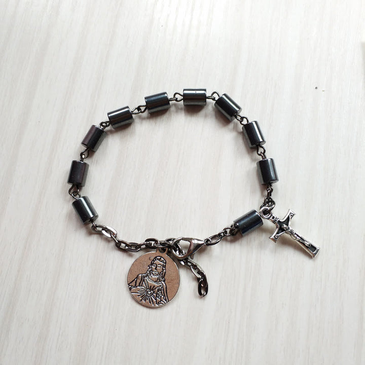 Christianartworkshop Jesus Sacred Heart & Crucifix Hematite Simplicity Bracelet - Black - image 0