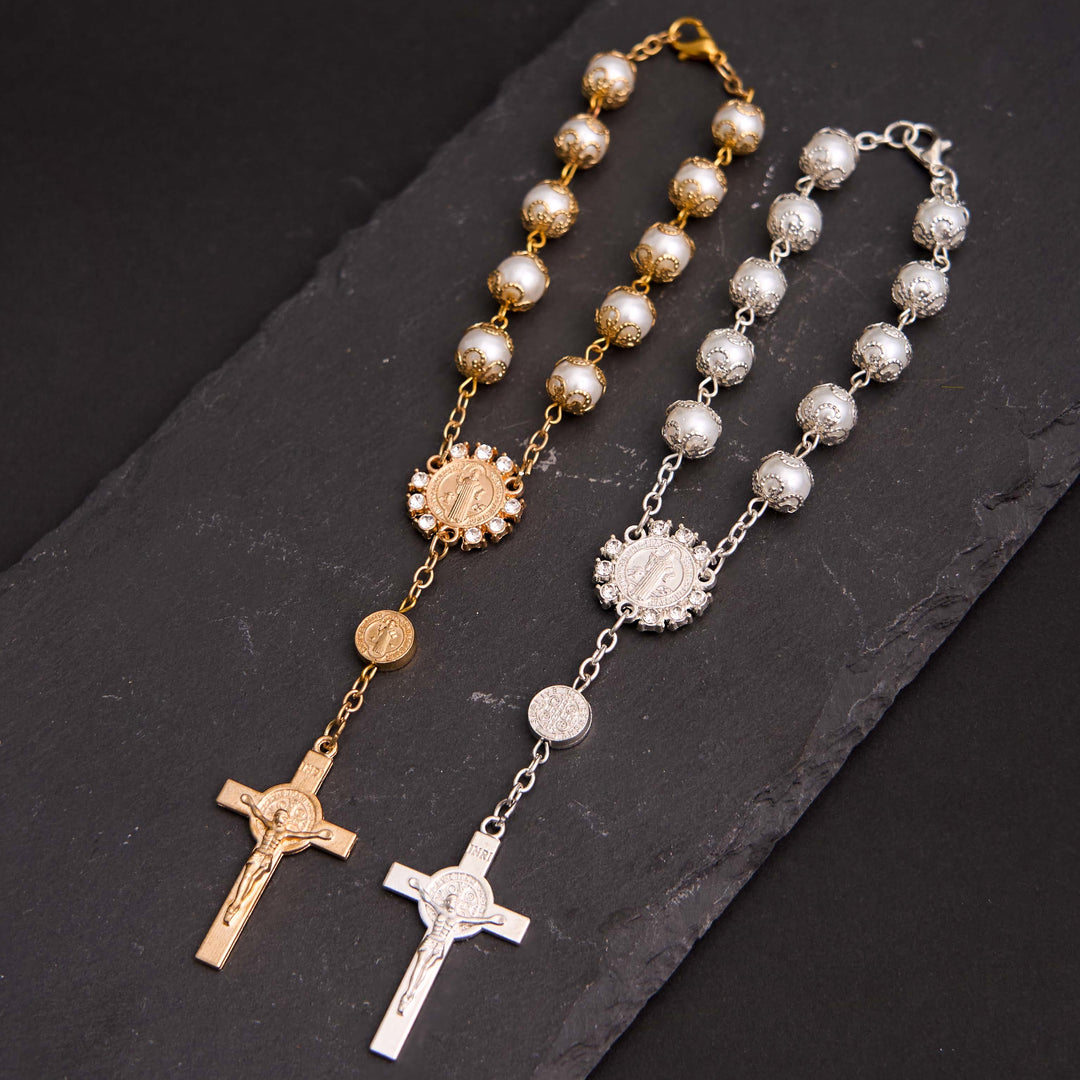 Christian Glass Beads St. Benedict & Jesus Cross Bracelet Rosary - Golden - image 1