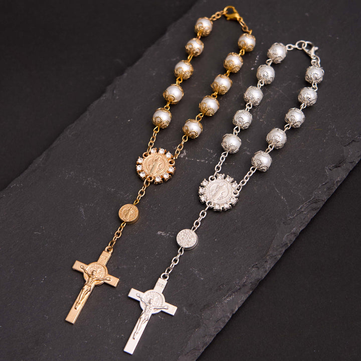 Christian Glass Beads St. Benedict & Jesus Cross Bracelet Rosary - Golden - image 1