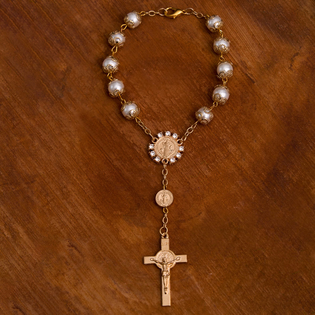 Christian Glass Beads St. Benedict & Jesus Cross Bracelet Rosary - image 3
