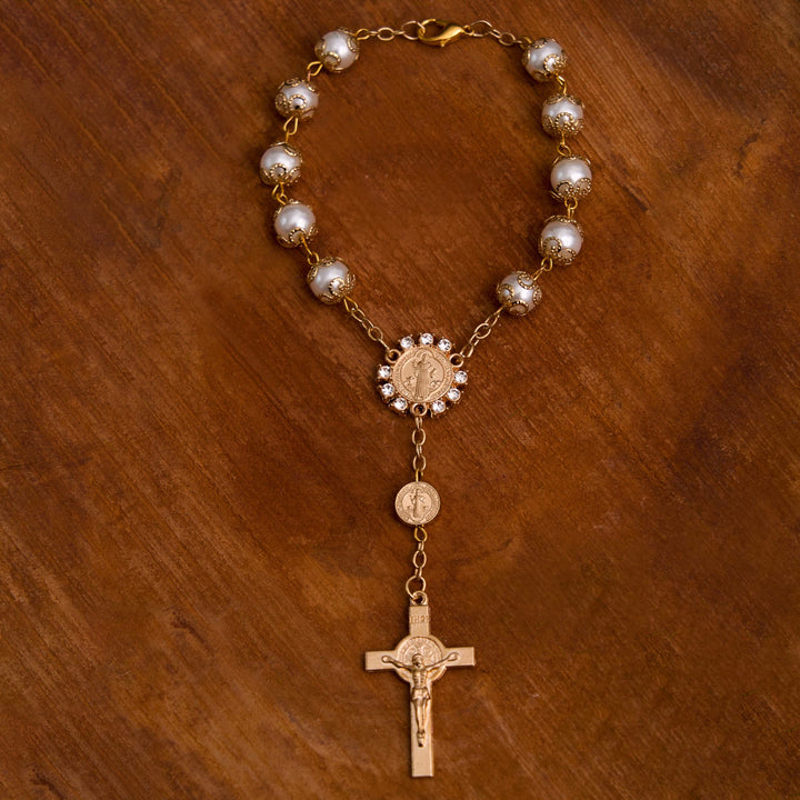 Christian Glass Beads St. Benedict & Jesus Cross Bracelet Rosary - image 3