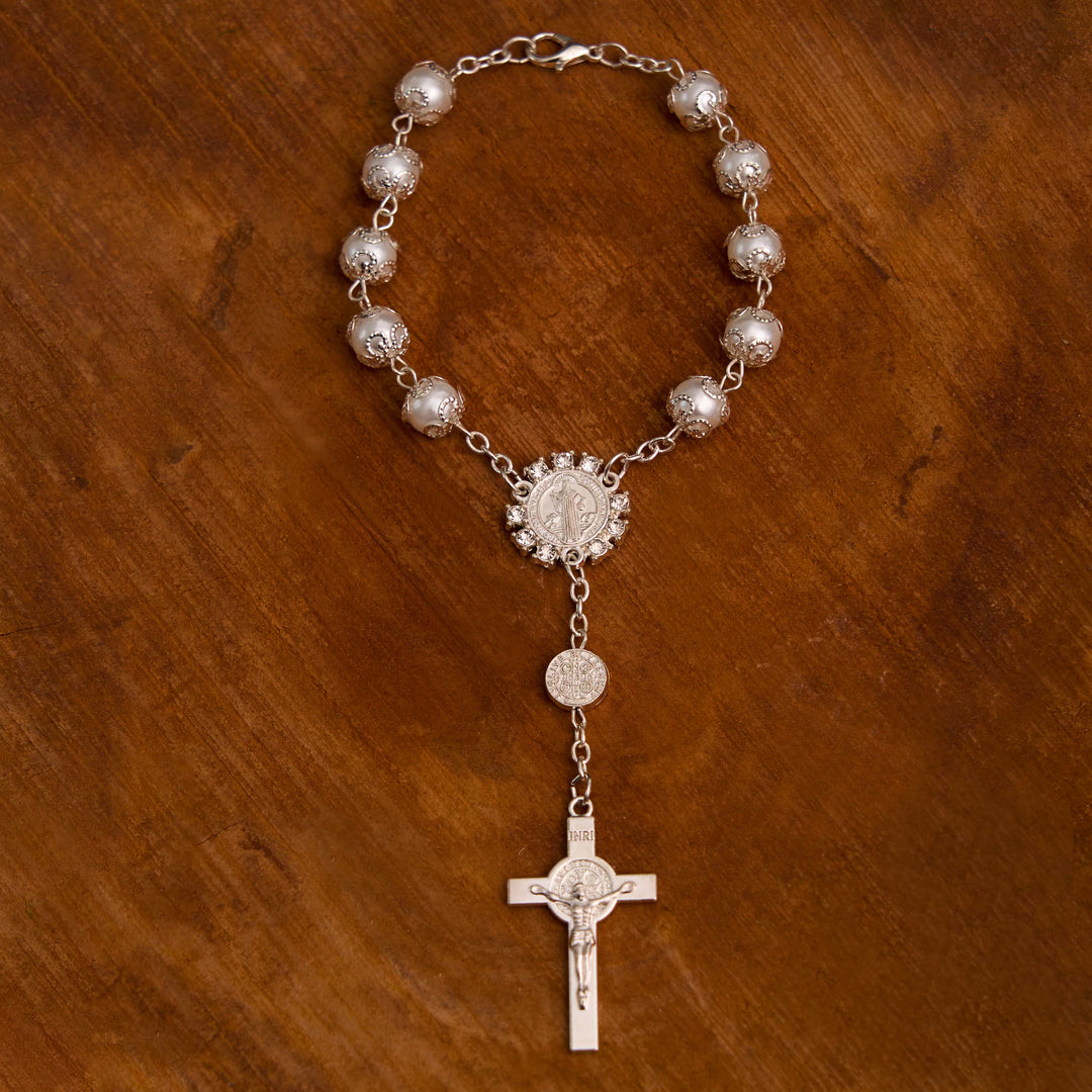 Christian Glass Beads St. Benedict & Jesus Cross Bracelet Rosary - Silver - image 9