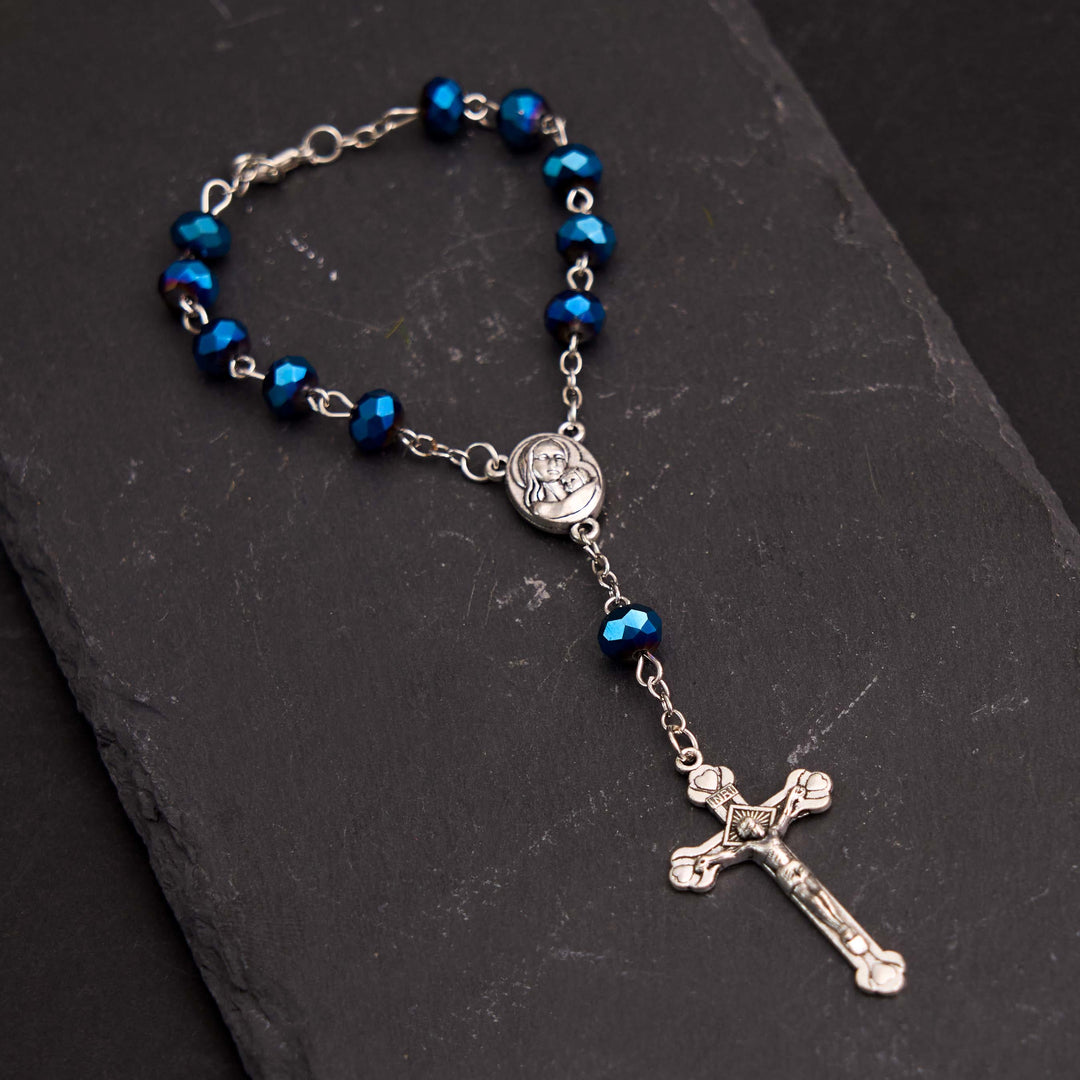 Blue Crystal Gemstone Virgin Mary Bracelet Rosary - Navy Blue - image 0