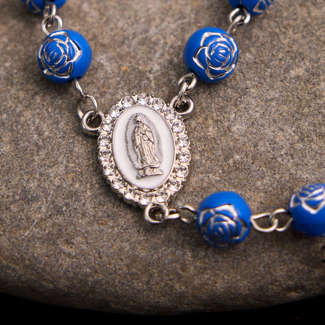 Rose Beads Cross Our Lady Of Guadalupe Bracelet Rosary