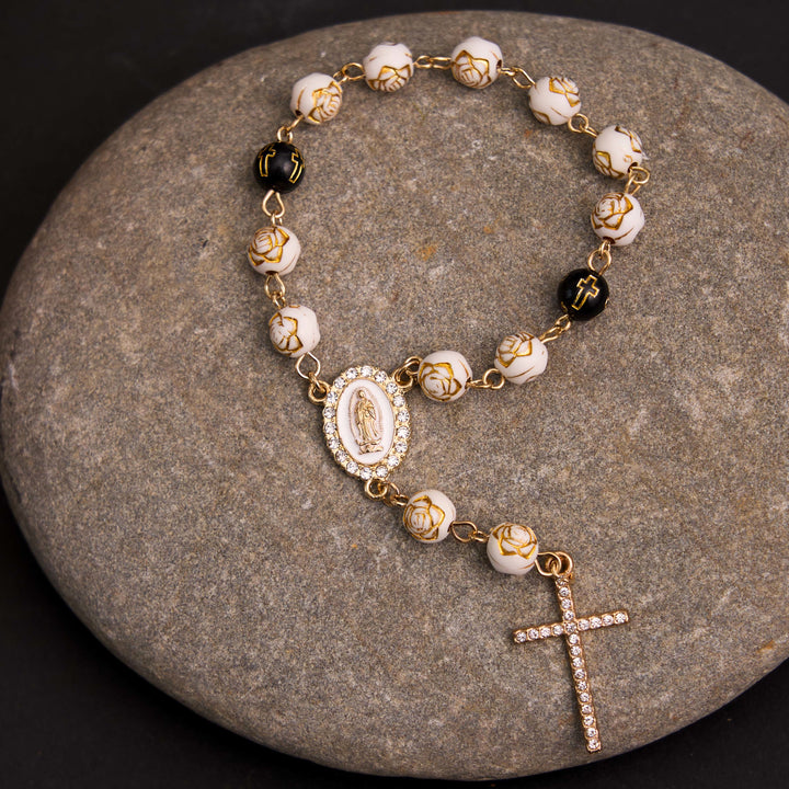 Rose Beads Cross Our Lady Of Guadalupe Bracelet Rosary