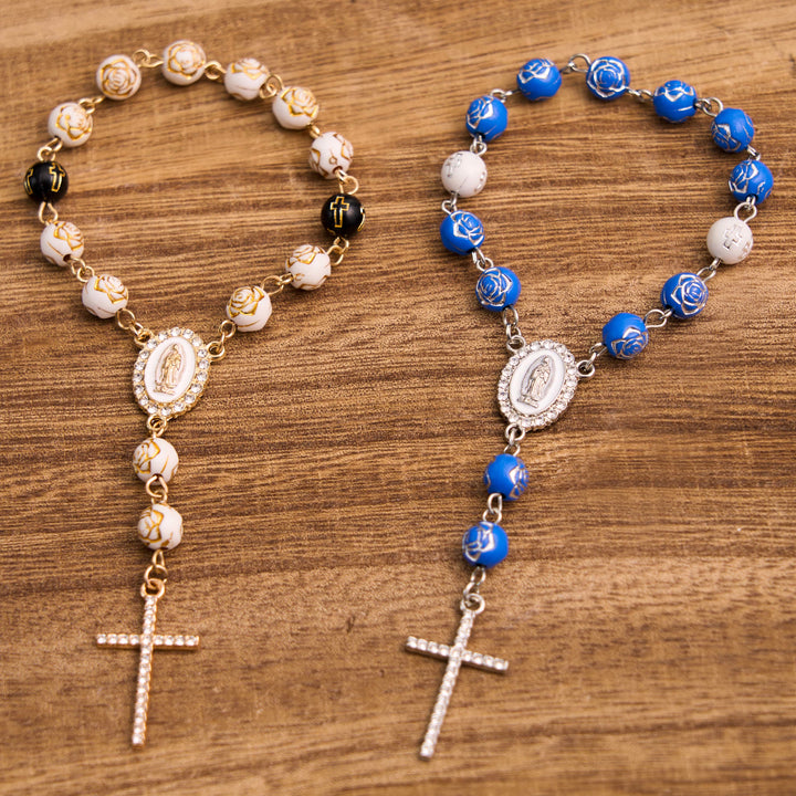 Rose Beads Cross Our Lady Of Guadalupe Bracelet Rosary