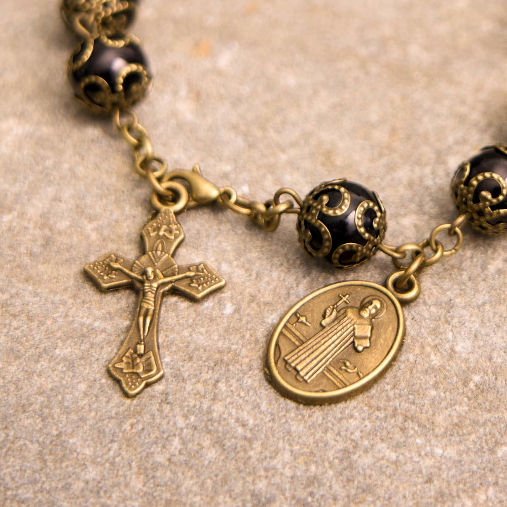 Christianartworkshop Crafted Retro Black St. Benedict Medal & Crucifix Rosary Bracelet - image 1