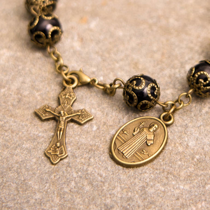 Christianartworkshop Crafted Retro Black St. Benedict Medal & Crucifix Rosary Bracelet - image 1