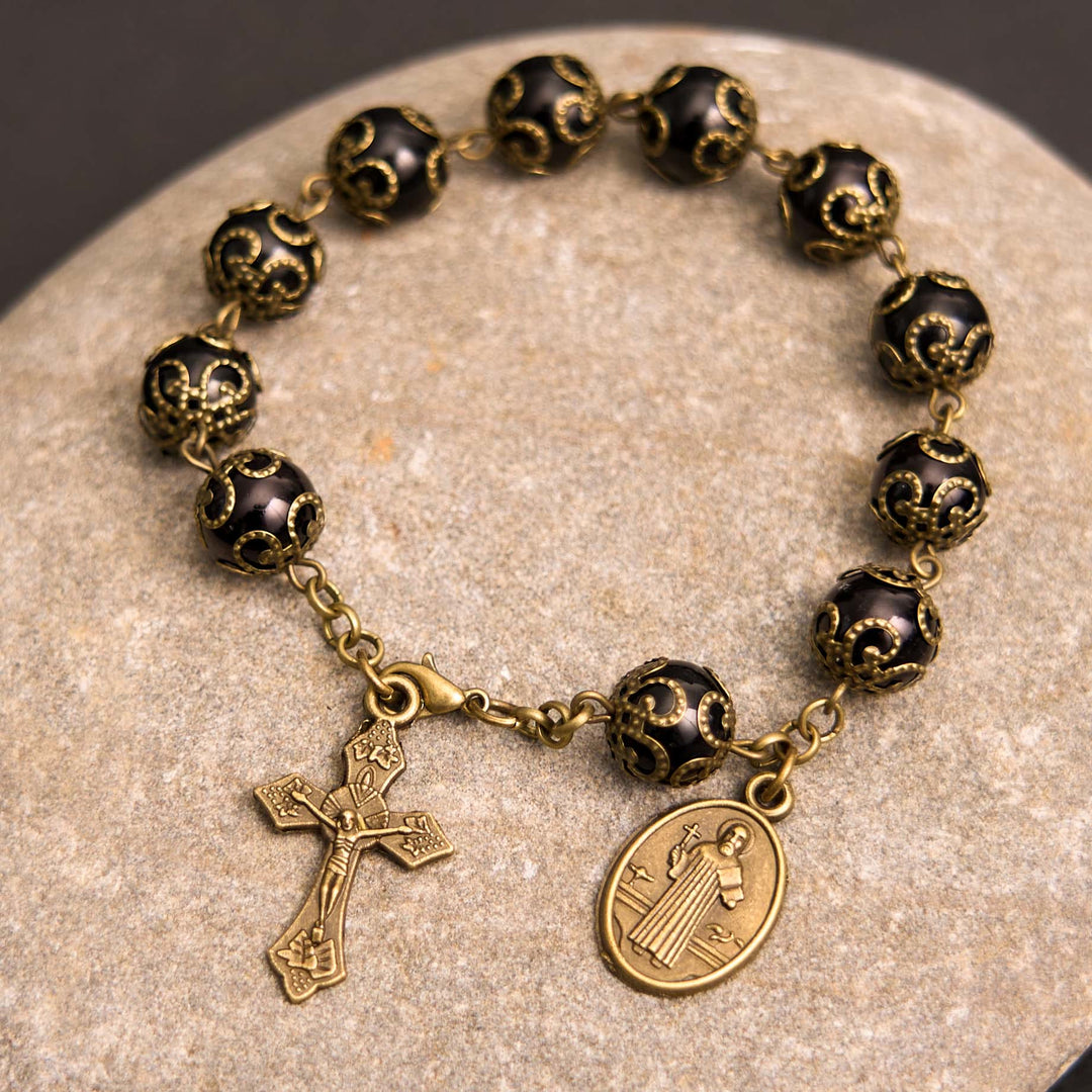 Crafted Retro Black St. Benedict Medal & Crucifix Rosary Bracelet - Black - image 1