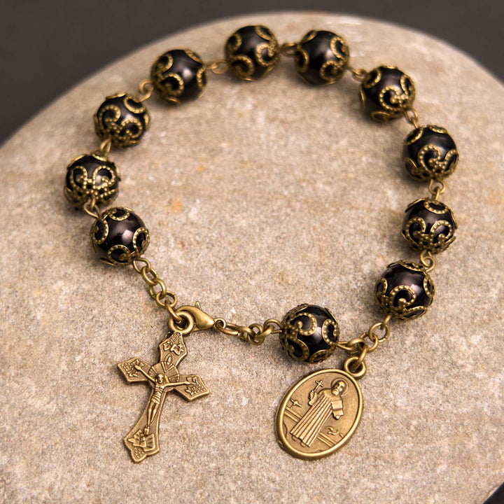 Crafted Retro Black St. Benedict Medal & Crucifix Rosary Bracelet - Black - image 1