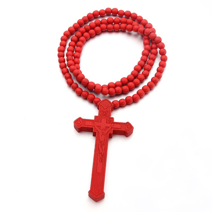 Christian Jesus Cross Wooden Necklace - Red - image 3