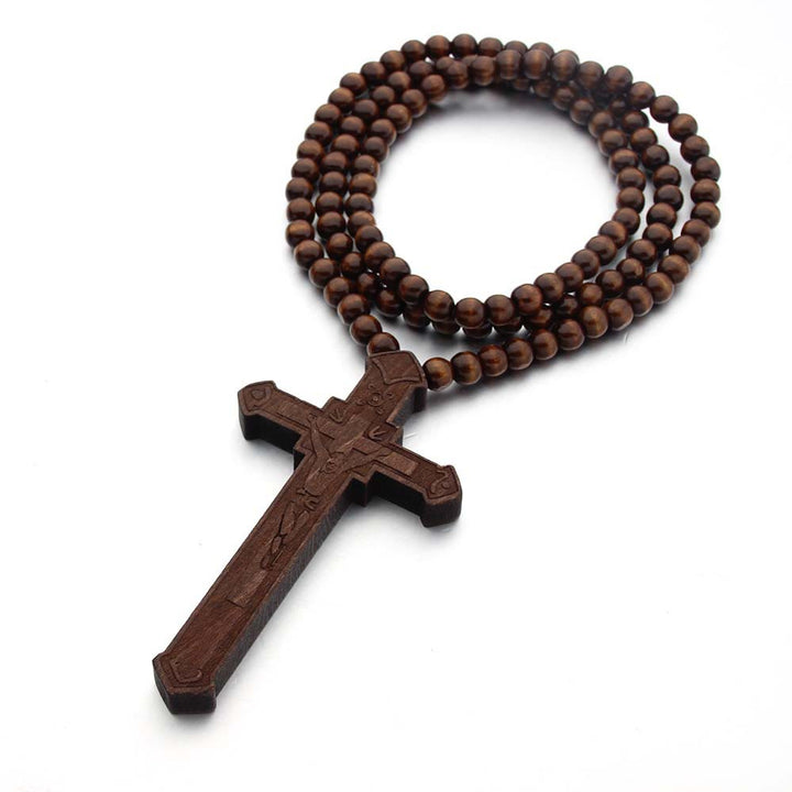 Christian Jesus Cross Wooden Necklace - Brown - image 3