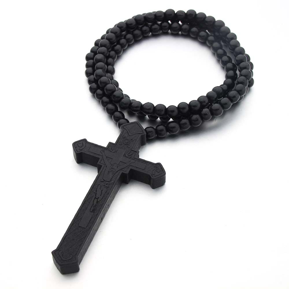 Christian Jesus Cross Wooden Necklace - Black - image 4