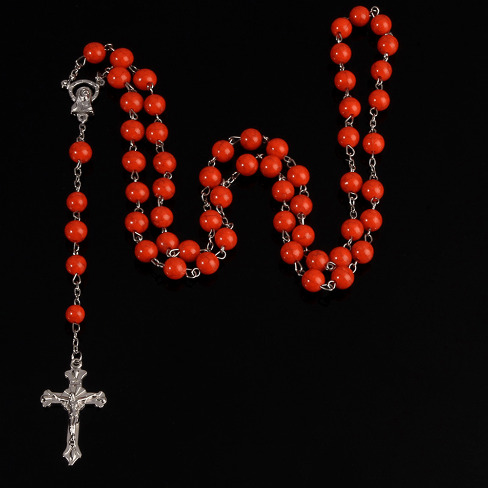 Six-Color Stone Beads Catholic Rosary - Red - image 5