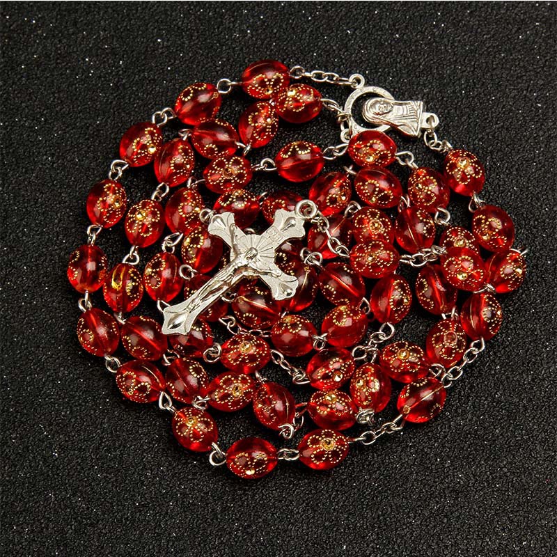 Jesus Cross Flower Beads Multicolor Rosary - Red - image 1