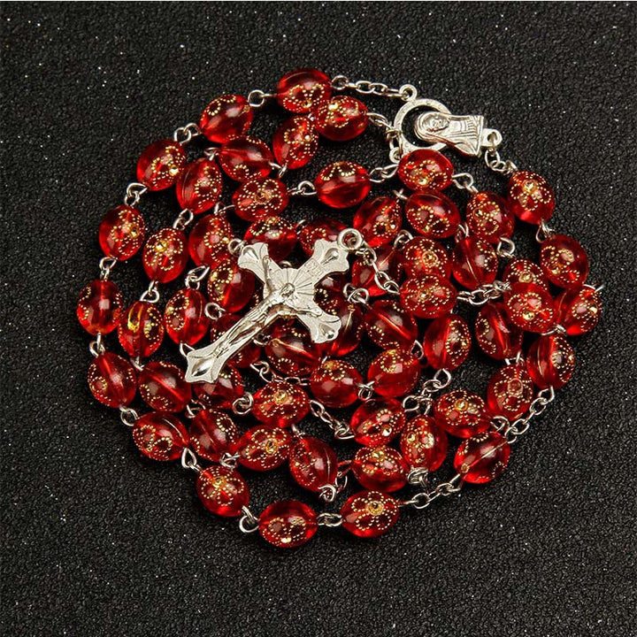 Jesus Cross Flower Beads Multicolor Rosary - Red - image 1