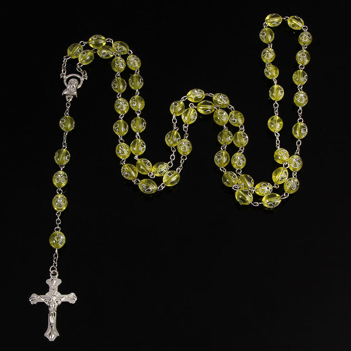 Jesus Cross Flower Beads Multicolor Rosary - Yellow - image 3