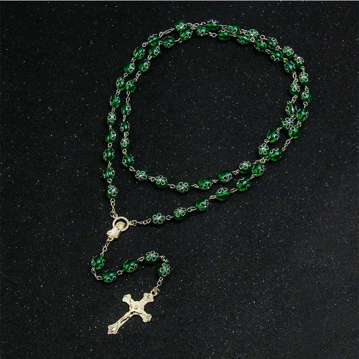 Jesus Cross Flower Beads Multicolor Rosary - Green - image 4