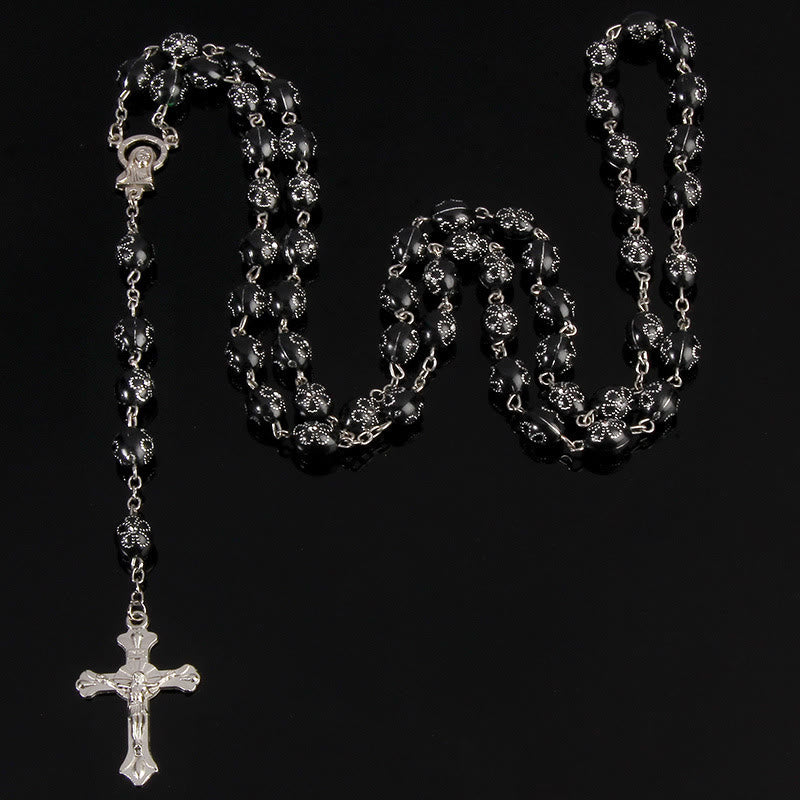 Jesus Cross Flower Beads Multicolor Rosary - Black - image 7