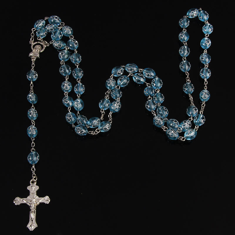 Jesus Cross Flower Beads Multicolor Rosary - Blue - image 5
