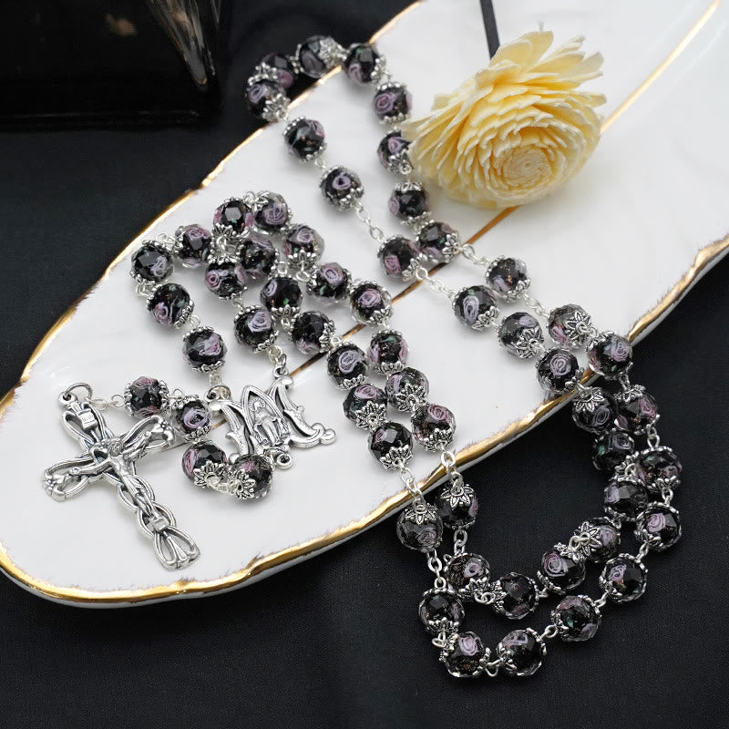 Glazed Crystal Rose Flower Beads Rosary - Black - image 9